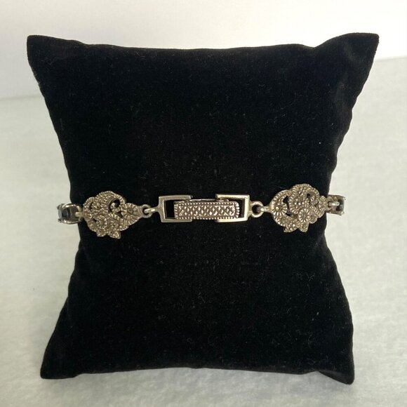 Sterling Silver 925 Multi Gemstone Marcasite Floral Link Bracelet 7.25" - Picture 7 of 16